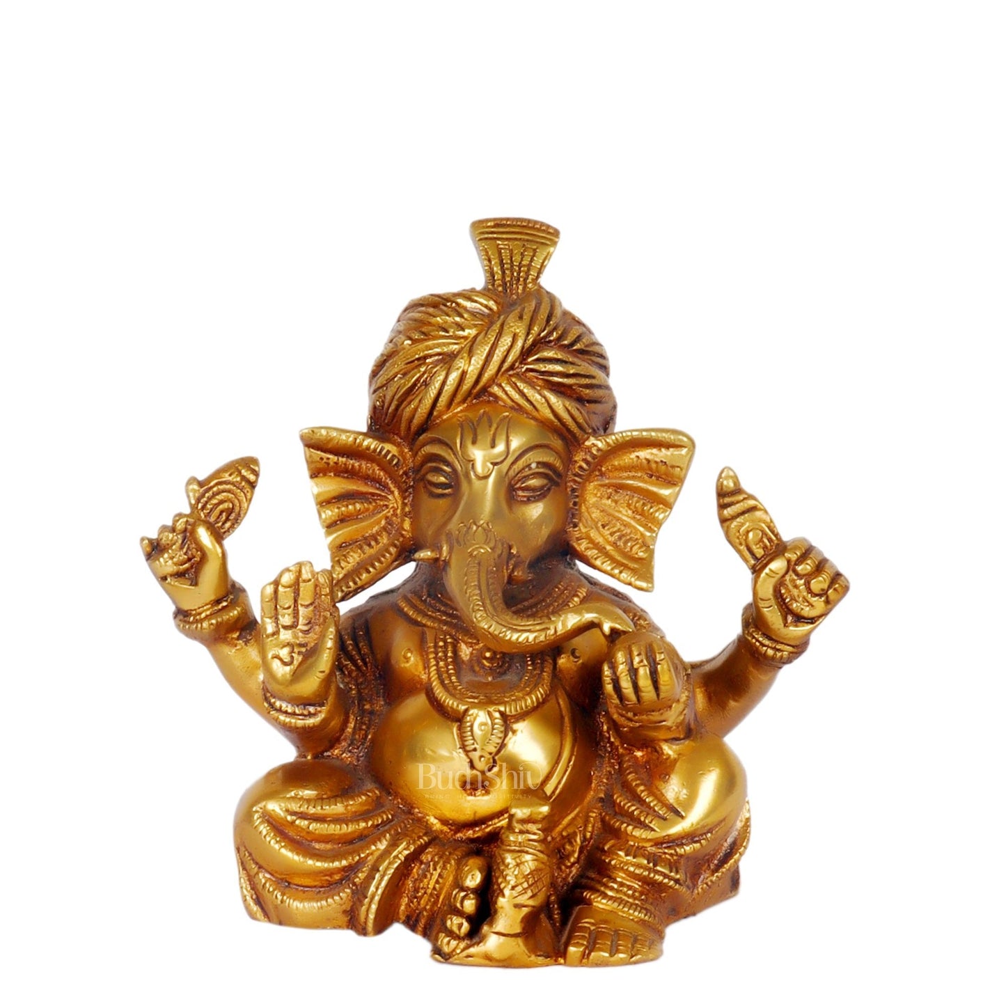 BudhShiv Ganesha Brass Idol Wearing pagdi/ Turban Unique Idol for Home Temple/Study Table/ Living Room / Gifting ( Golden)