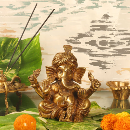 BudhShiv Ganesha Brass Idol Wearing pagdi/ Turban Unique Idol for Home Temple/Study Table/ Living Room / Gifting ( Golden)