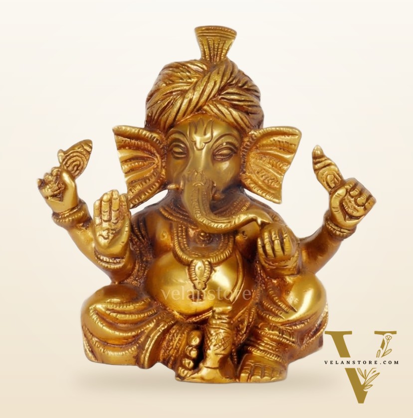 BudhShiv Ganesha Brass Idol Wearing pagdi/ Turban Unique Idol for Home Temple/Study Table/ Living Room / Gifting ( Golden)