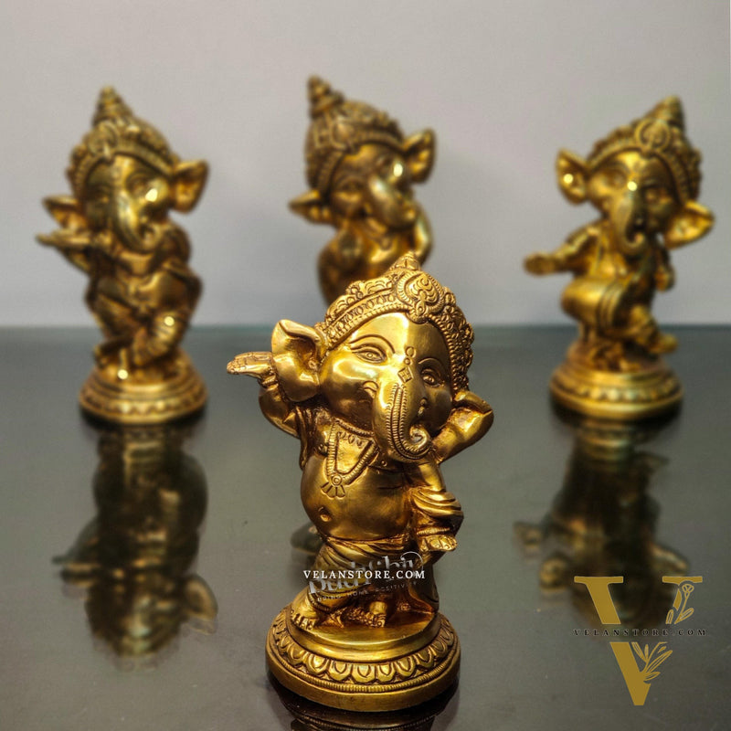 Buy Baby Ganesha Brass Idol Set of 4 - Golden | BudhShiv