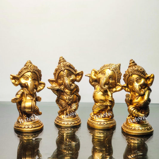 Buy Baby Ganesha Brass Idol Set of 4 - Golden | BudhShiv