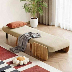 Mid-Century Beige 3-in-1 Convertible Single Seater Sofa Cum Bed with Solid Wood Arm Base