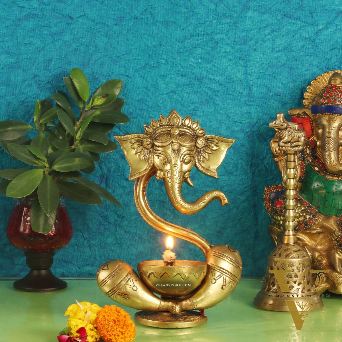 Buy Brass Abstract Ganesha with Engraved Design Diya - BudhShiv