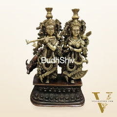 Buy Brass Radha Krishna with Cow Idol - Brass and Antique Chola Brown - 21 inch