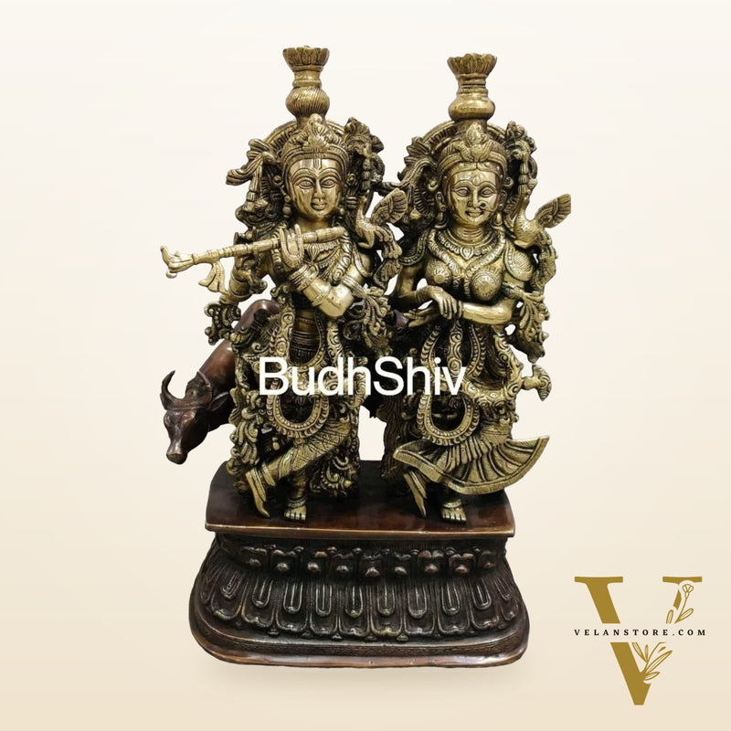 Buy Brass Radha Krishna with Cow Idol - Brass and Antique Chola Brown - 21 inch