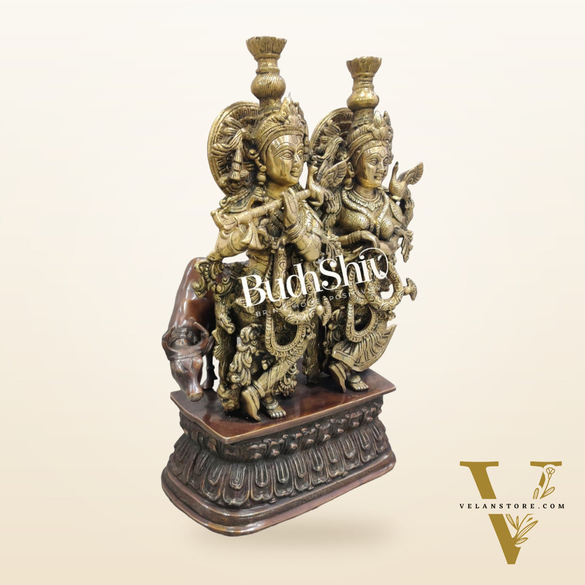 Buy Brass Radha Krishna with Cow Idol - Brass and Antique Chola Brown - 21 inch