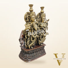 Buy Brass Radha Krishna with Cow Idol - Brass and Antique Chola Brown - 21 inch