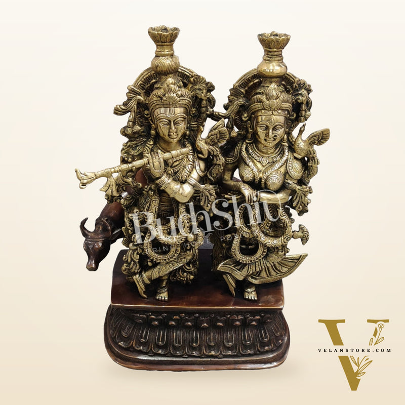 Buy Brass Radha Krishna with Cow Idol - Brass and Antique Chola Brown - 21 inch