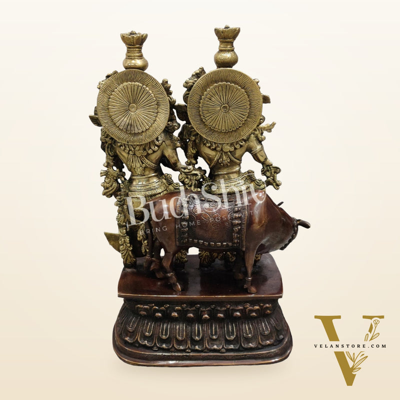 Buy Brass Radha Krishna with Cow Idol - Brass and Antique Chola Brown - 21 inch