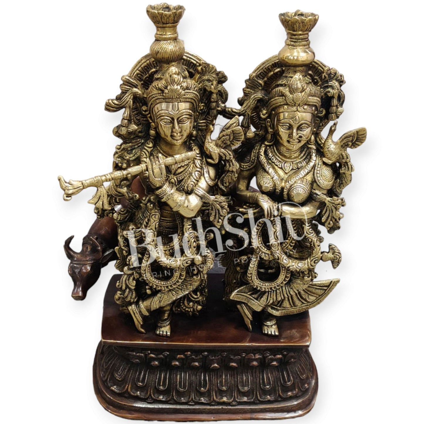 Buy Brass Radha Krishna with Cow Idol - Brass and Antique Chola Brown - 21 inch