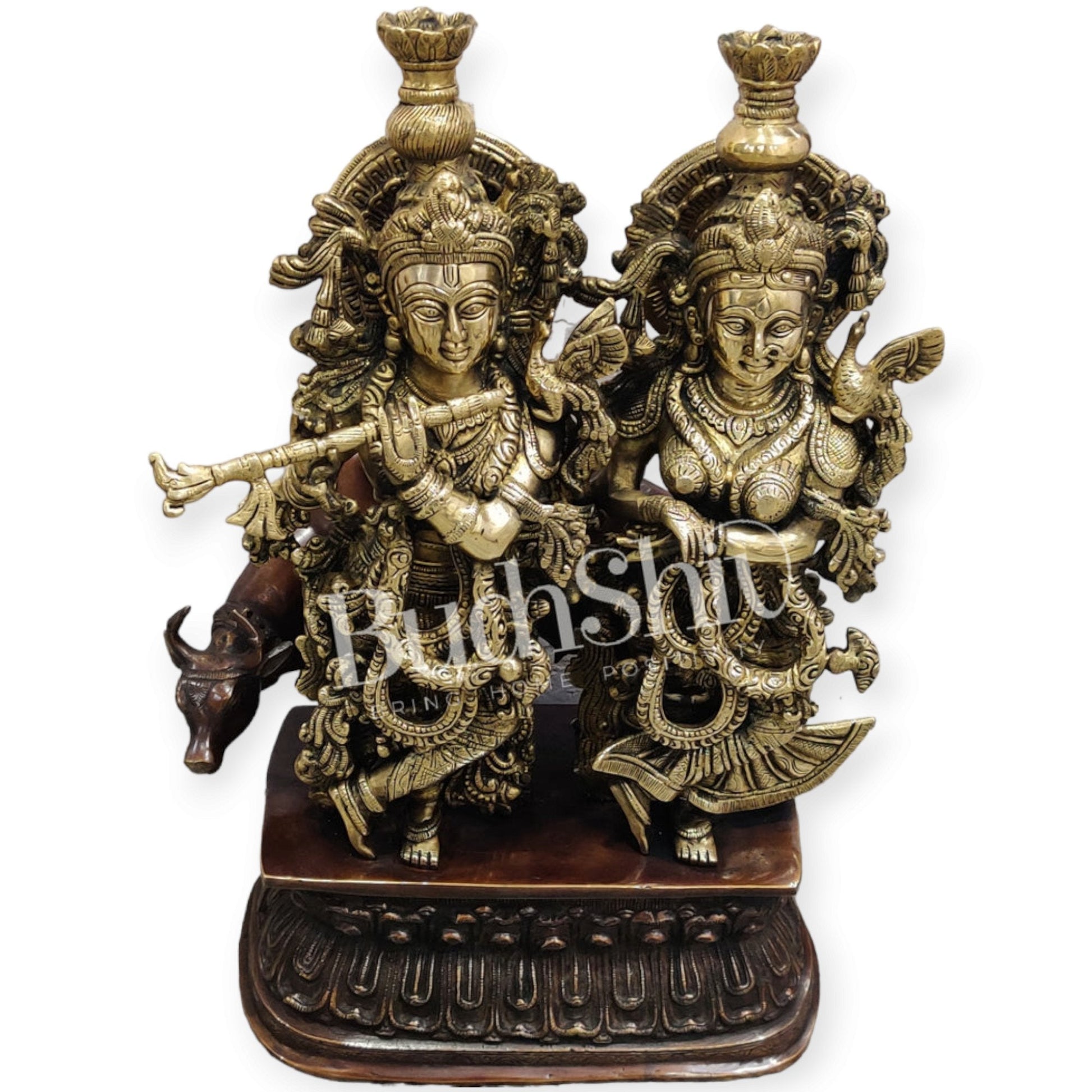 Buy Brass Radha Krishna with Cow Idol - Brass and Antique Chola Brown - 21 inch