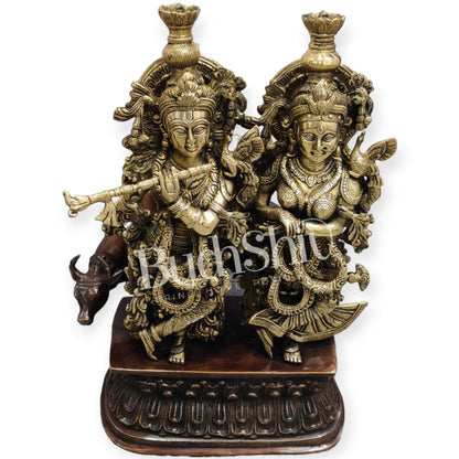 Buy Brass Radha Krishna with Cow Idol - Brass and Antique Chola Brown - 21 inch