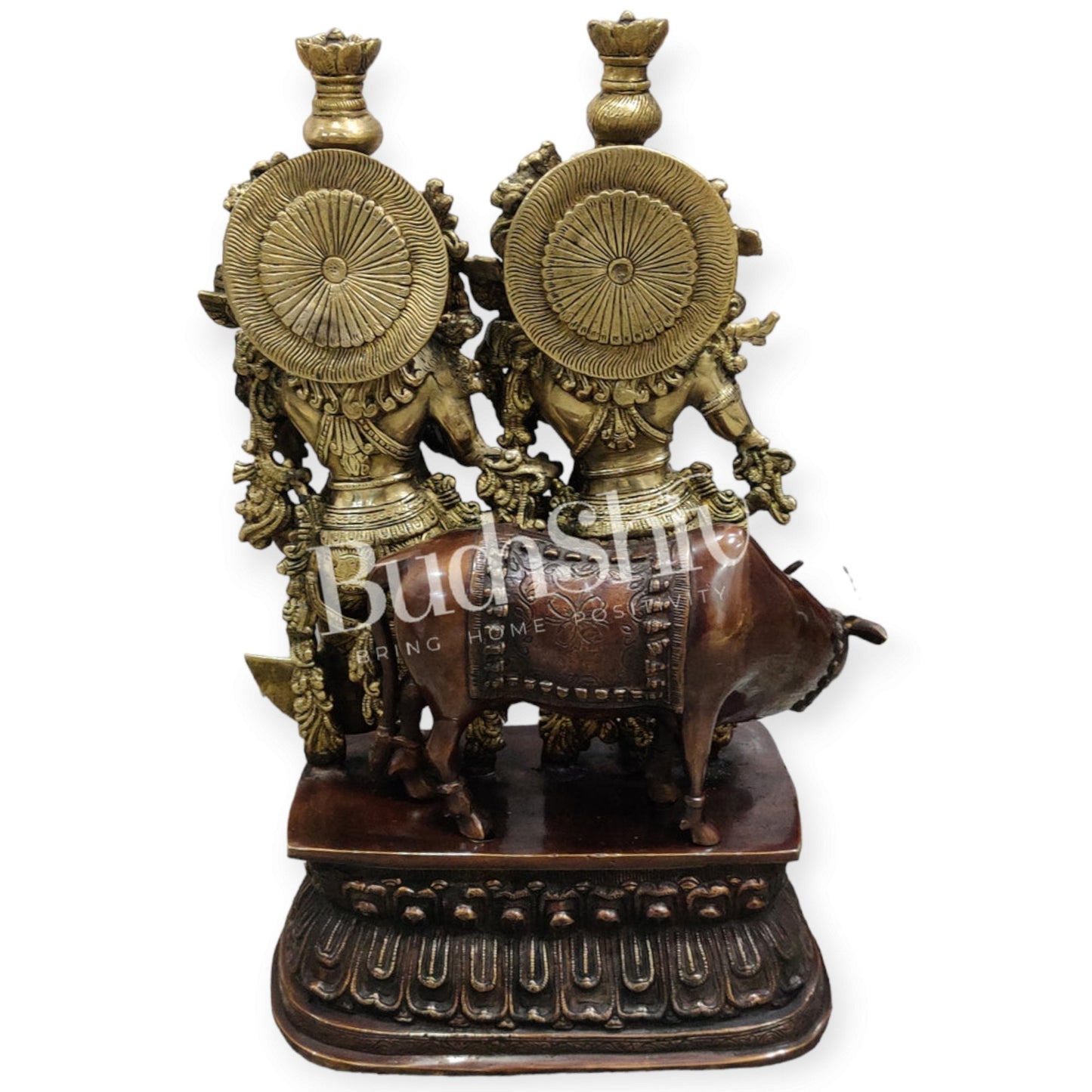 Buy Brass Radha Krishna with Cow Idol - Brass and Antique Chola Brown - 21 inch