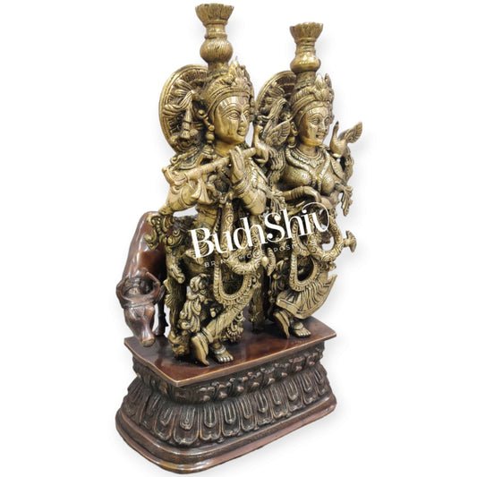 Buy Brass Radha Krishna with Cow Idol - Brass and Antique Chola Brown - 21 inch