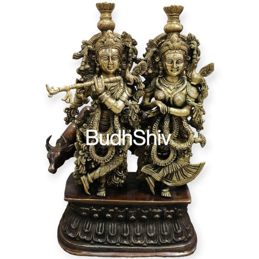 Buy Brass Radha Krishna with Cow Idol - Brass and Antique Chola Brown - 21 inch