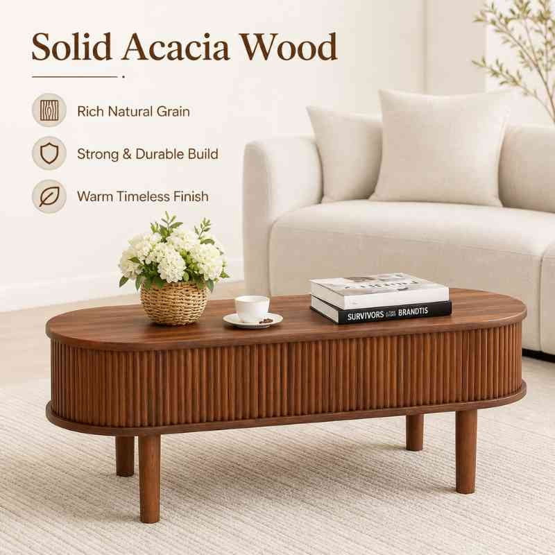 Space-Saving Oval Lift-Top Coffee Table with 3 Hidden Compartments – Acacia Wood
