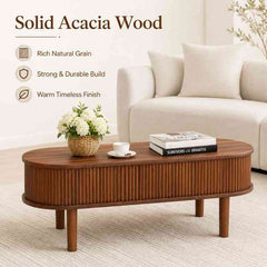 Space-Saving Oval Lift-Top Coffee Table with 3 Hidden Compartments – Acacia Wood