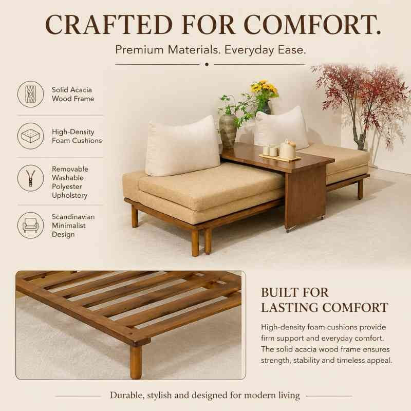 Scandinavian Acacia Wood Pull-Out Sofa Bed with Sliding Coffee Table – Beige Polyester