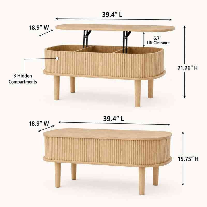 Space-Saving Oval Lift-Top Coffee Table with 3 Hidden Storage Compartments – Solid Mango Wood