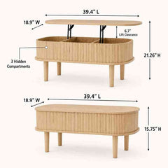 Space-Saving Oval Lift-Top Coffee Table with 3 Hidden Storage Compartments – Solid Mango Wood