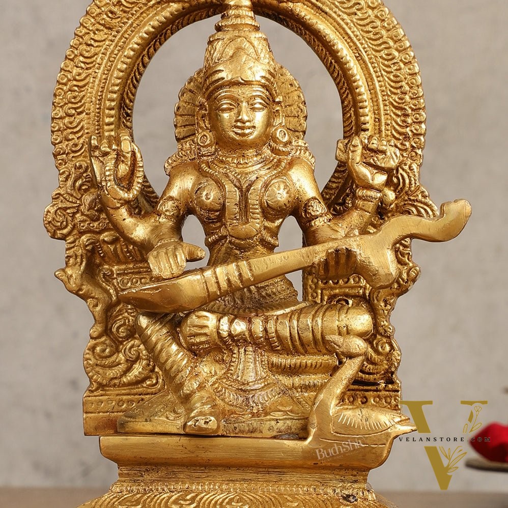 Buy Pure Brass Goddess Saraswati Idol with Arch - 7 Inches
