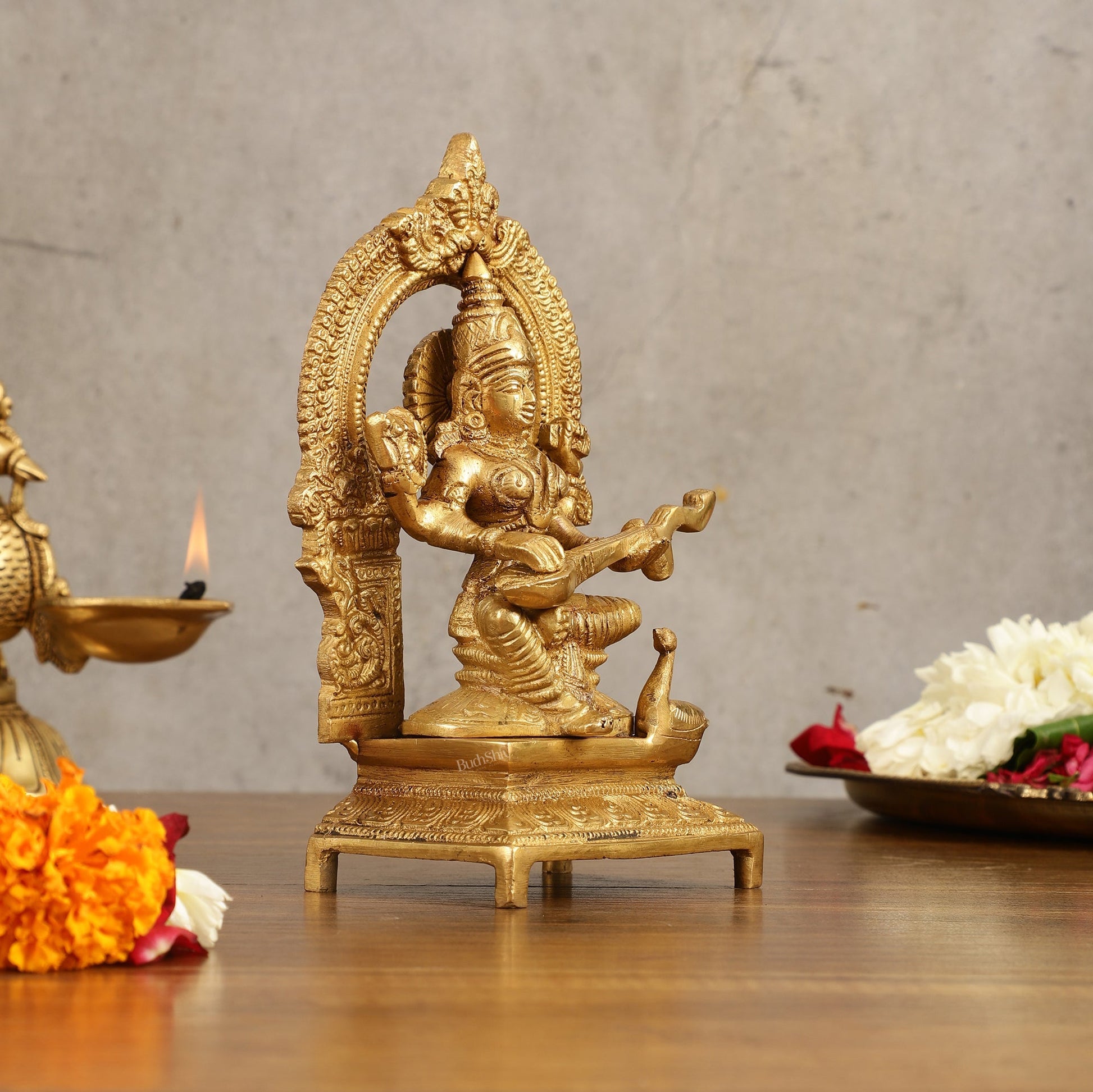 Buy Pure Brass Goddess Saraswati Idol with Arch - 7 Inches