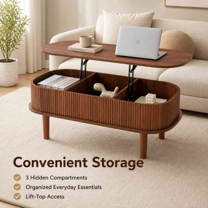 Space-Saving Oval Lift-Top Coffee Table with 3 Hidden Compartments – Acacia Wood