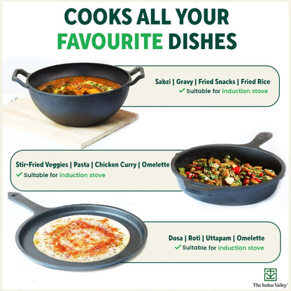 CASTrong Cast Iron Cookware Set: Tawa+Kadai+Frypan+Free Flip,Kitchen set for Home, Pre-seasoned,100% Pure,Induction