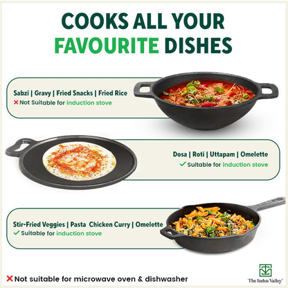 Super Smooth Cast Iron Set: Frypan+ Kadai+ Tawa, Kitchen set for Home, Nonstick, 100% Pure,Toxin-free, Free ₹400 Tadka Pan