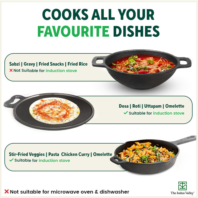 Super Smooth Cast Iron Set: Frypan+ Kadai+ Tawa, Kitchen set for Home, Nonstick, 100% Pure,Toxin-free, Free ₹400 Tadka Pan