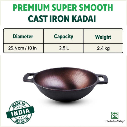 Super Smooth Cast Iron Kadai+ Free ₹400 TadkaPan,Pre-seasoned, Nonstick, 100% Pure, Toxin-free, 25.4cm, 2.5L, 2.4kg