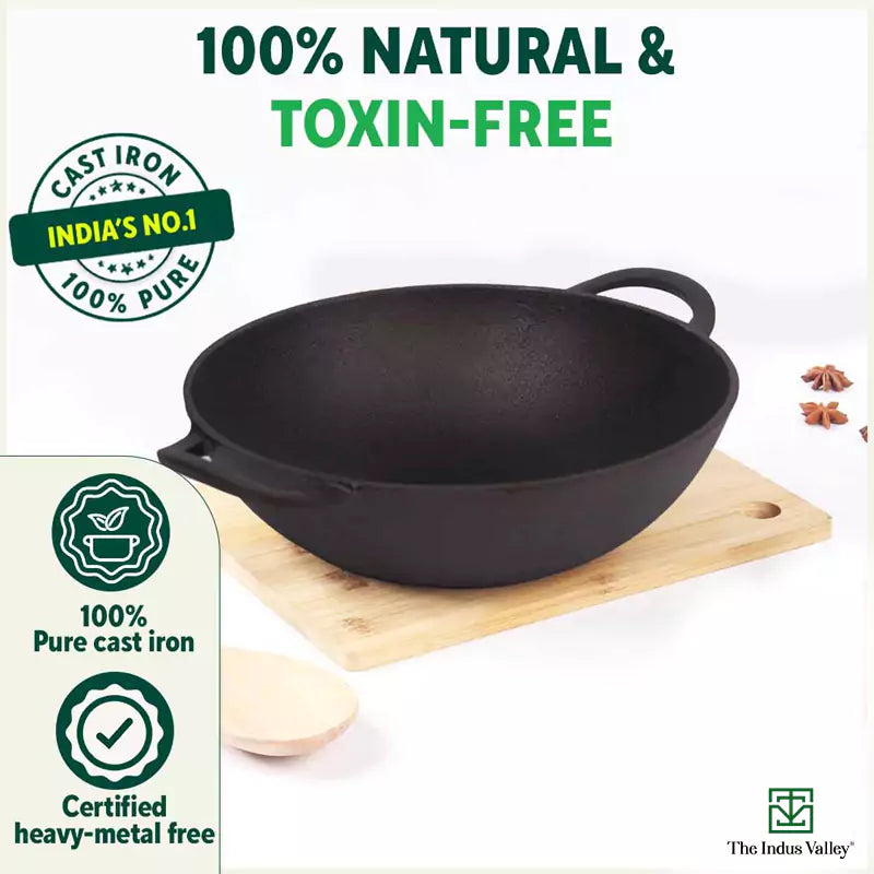 CASTrong Cast Iron Kadai, Pre-seasoned, Nonstick, 100% Pure, Toxin-free, 27cm, 2.5L, 2.5kg