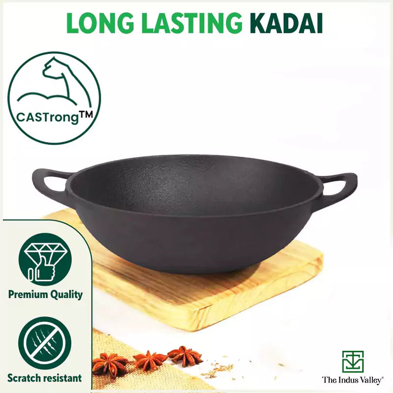 CASTrong Cast Iron Kadai, Pre-seasoned, Nonstick, 100% Pure, Toxin-free, 27cm, 2.5L, 2.5kg