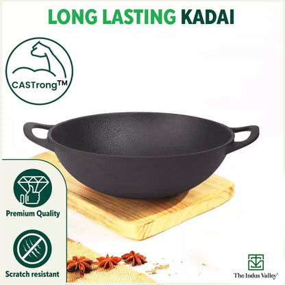 CASTrong Cast Iron Kadai, Pre-seasoned, Nonstick, 100% Pure, Toxin-free, 27cm, 2.5L, 2.5kg