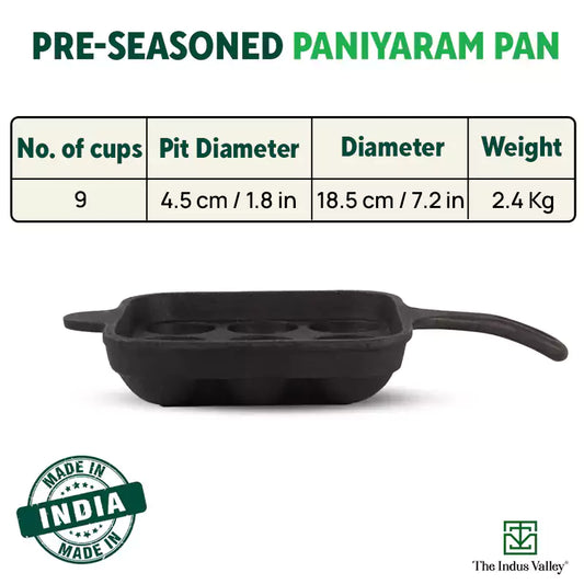 9 Pit/Cup CASTrong Cast Iron Paniyaram/Appe pan+ Free Spatula, Square, Long handle, Pre-seasoned, Nonstick, 100% Pure, Toxin-free, 18.5cm, 2.4kg