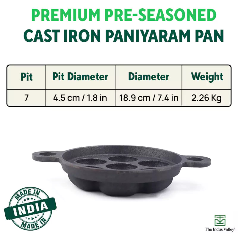 Super Smooth 7 Pit/Cup Cast Iron Paniyaram/Appe Pan+ Free Spatula, Pre-seasoned, Natural Nonstick, 100% Pure, Toxin-free, 18.9cm, 2.26 kg