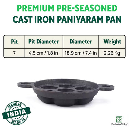Super Smooth 7 Pit/Cup Cast Iron Paniyaram/Appe Pan+ Free Spatula, Pre-seasoned, Natural Nonstick, 100% Pure, Toxin-free, 18.9cm, 2.26 kg