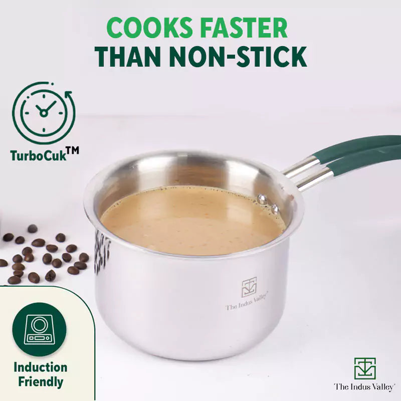 TurboCuk Tri-ply Stainless Steel Tea/Milk Pan/Saucepan+ Steel Lid, Premium Quality, 3 Layer Thick Body, 100% Toxin-free, Non-stick,  Induction & Gas, 1.4/2/3L