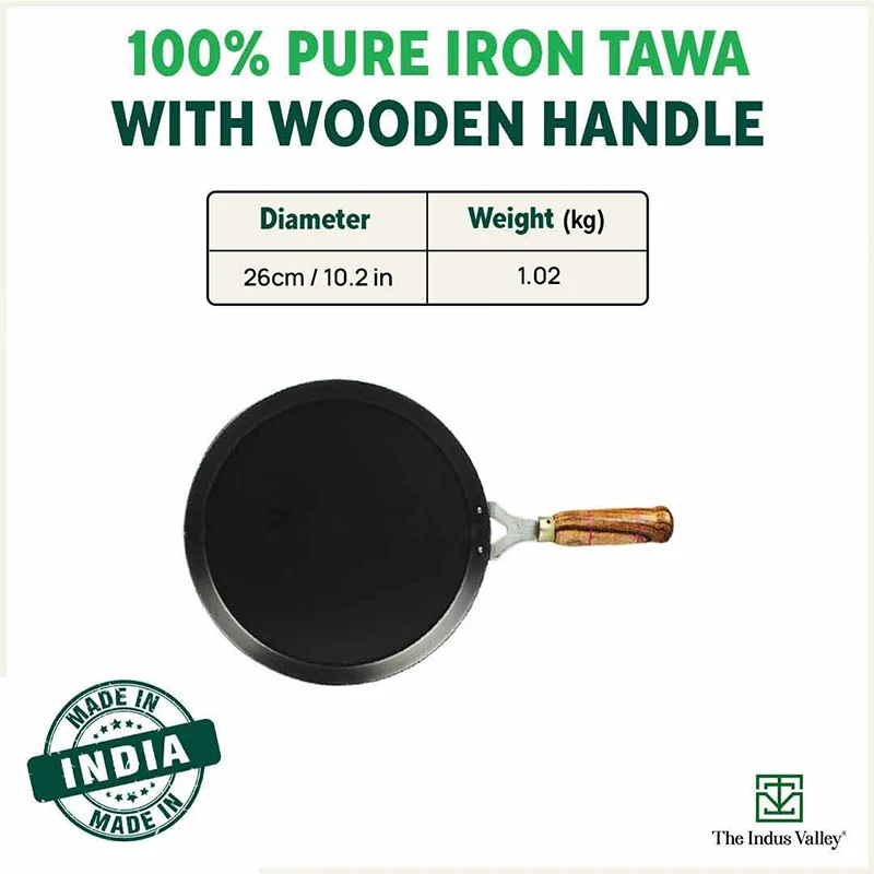 100% Pure Sheet Iron Tawa, Wooden Handle, Seasoned, Toxin-free, Induction, 26cm, 1kg