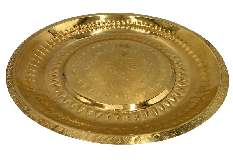 Brass Pooja Thali Large Aarti Plate Peetal Puja Plate Hand Carved Temple Prayer Thali Traditional Pooja Thambalam Pooja Thatte Decorative Mandir Ritual Brass Plate Festival Aarti Thali 39 cm, Gold, 15.35 Inch, 1 Piece