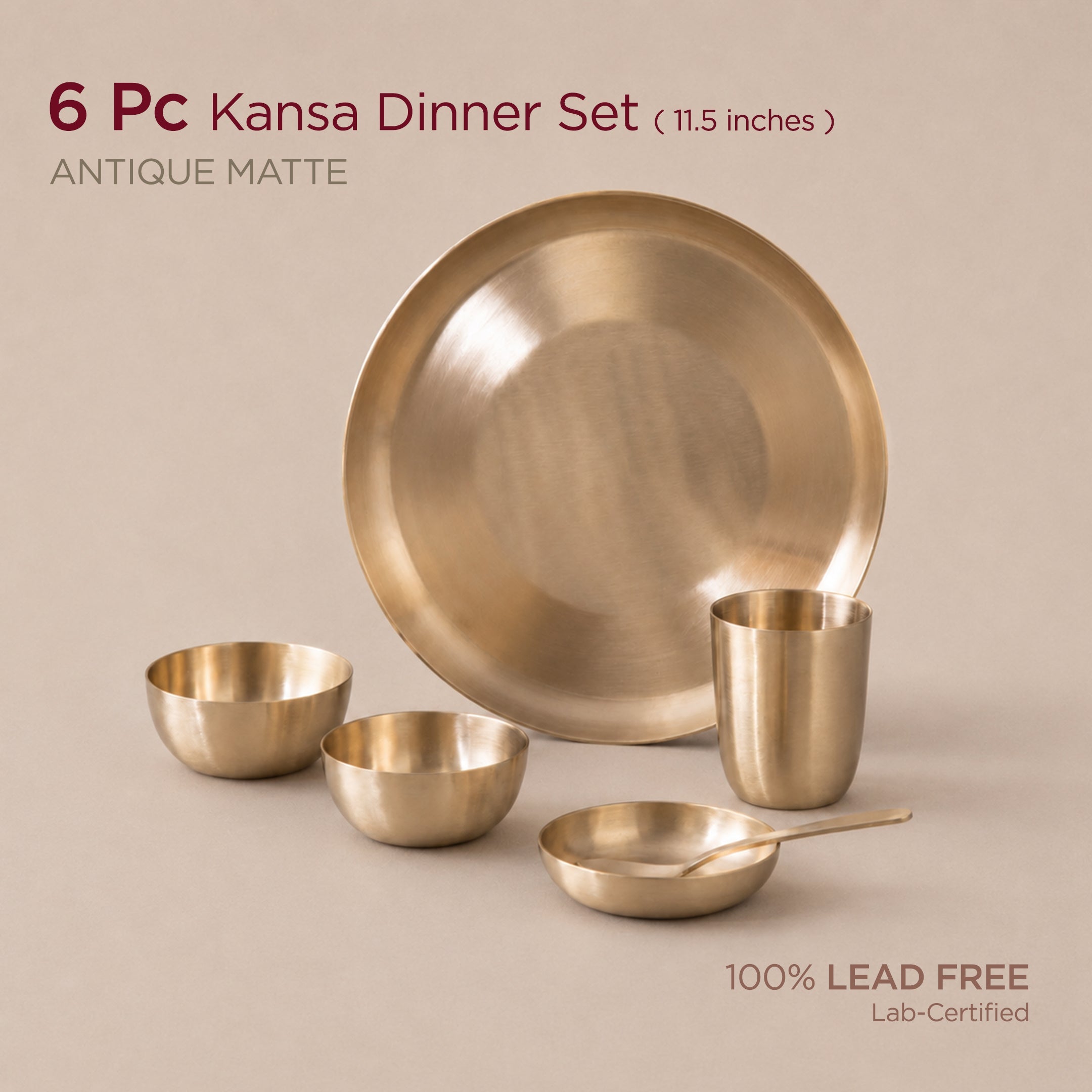 11.5" Kansa Dinner Set • Matte Finish • Thali Size - 11.5" • 100% Lead-Free (कांसे का डिनर सेट)