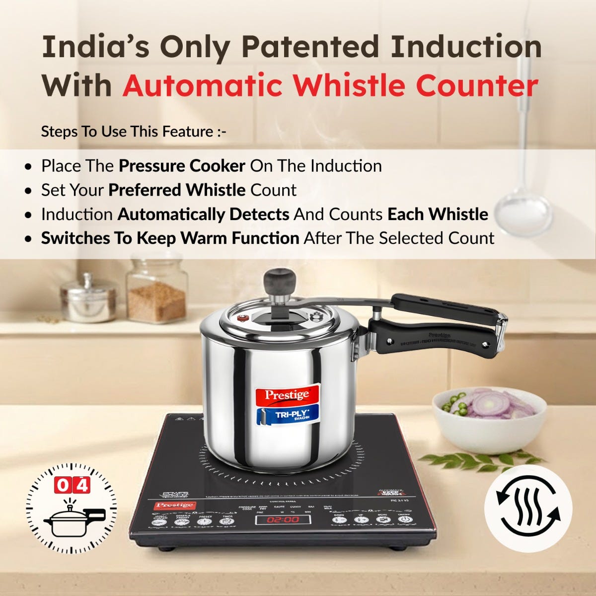 Prestige PIC 3.1 V3 2000W Induction Cooktop, Whistle Counter, 4KV Surge Protection, 7 Indian Menus + Prestige TRIPLY Splendid 4 Pc Cookware Set: Fry Pan 22cm, Kadai 22cm, Saucepan 14cm, SS Lid 24cm