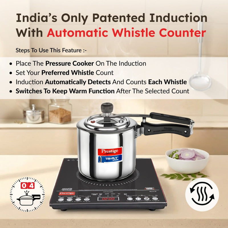 Prestige PIC 3.1 V3 2000W Induction Cooktop, Whistle Counter, 4KV Surge Protection, 7 Indian Menus + Prestige TRIPLY Splendid 4 Pc Cookware Set: Fry Pan 22cm, Kadai 22cm, Saucepan 14cm, SS Lid 24cm