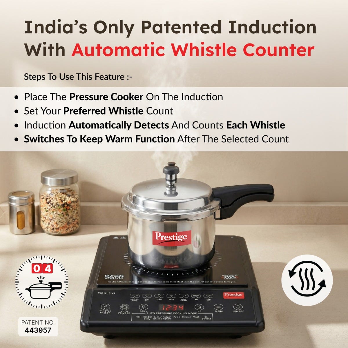 Prestige Induction Cooktop PIC 31.0 V4 + Prestige Omega Deluxe Granite Alpha 3 Pc BYK Non-Stick Set: Kadai 24cm with Glass Lid, Omni Tawa 28cm, Fry Pan 24cm, Gas & Induction Compatible