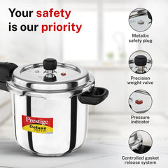Prestige Deluxe Alpha Svachh Stainless Steel Spillage Control Pressure Cooker, 5.5 L (Silver), Prestige Omega Deluxe Granite Non-stick Round Base Omni Tawa, 28 cm (Black)
