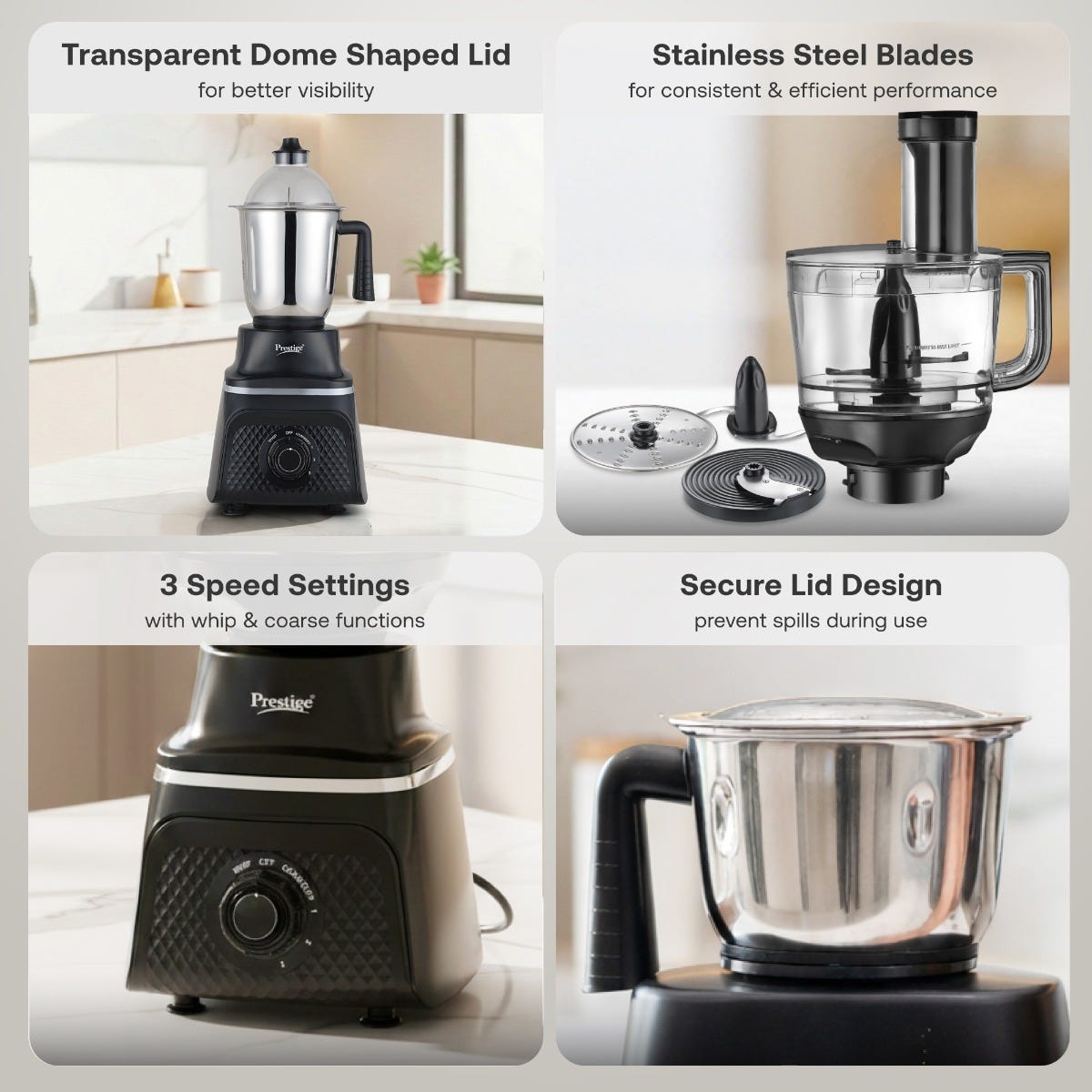 Prestige Prisma Pro 750W 5 Jars Mixer Grinder, 3 Stainless Steel Jars, 1 Multi Utility Jar, 1 Juice Jar, 6 Efficient Blades, Black & Silver + Prestige 1.5L PMC 3.0 Plus Multi Kettle / Multi Cooker