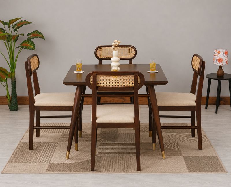 Ashton Solid Wood Rattan Cane Squre Dining Table Set -4 Seater 