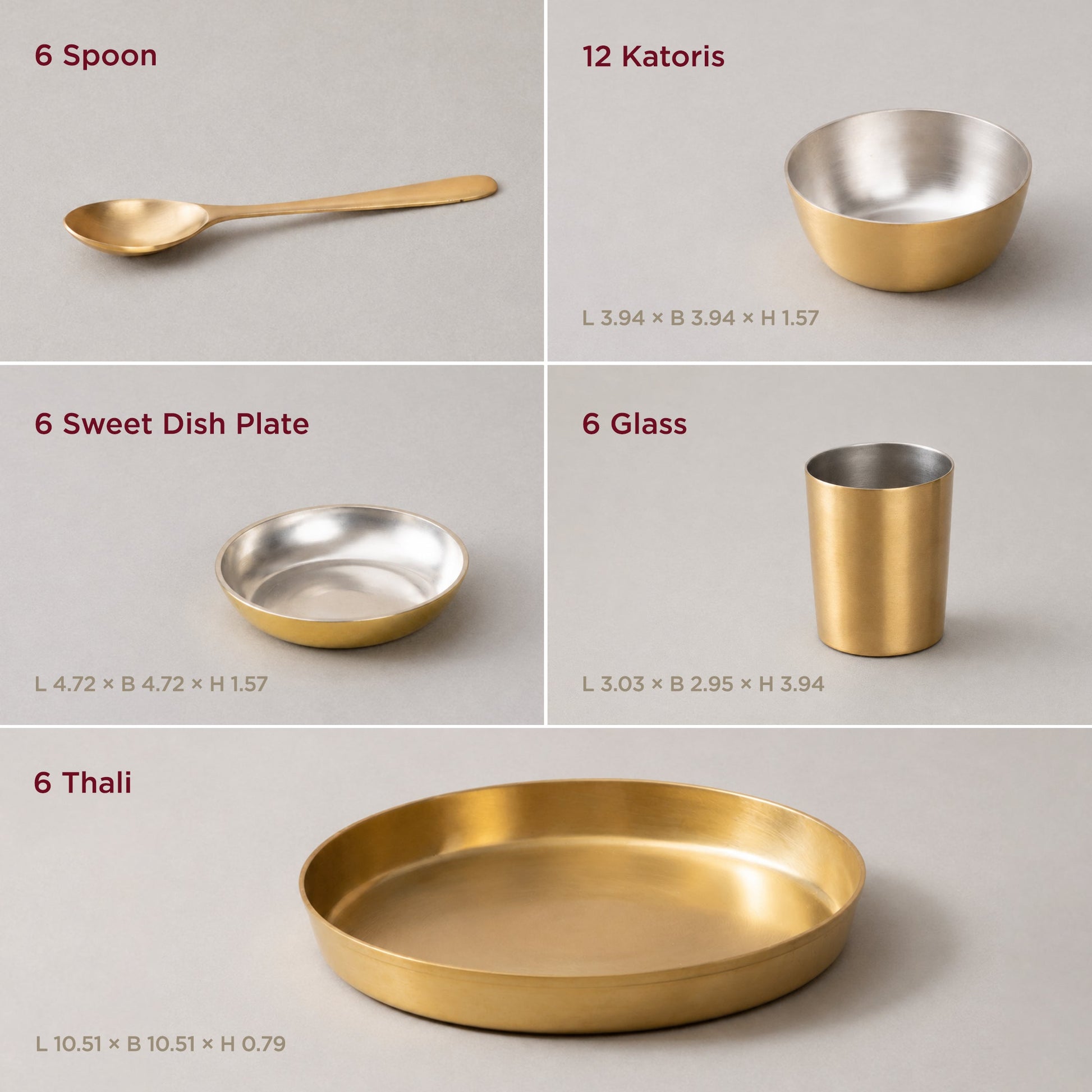 36-Piece Brass Solid Dinner Set • Matte Finish • Serves 6 (पीतल का डिनर सेट)
