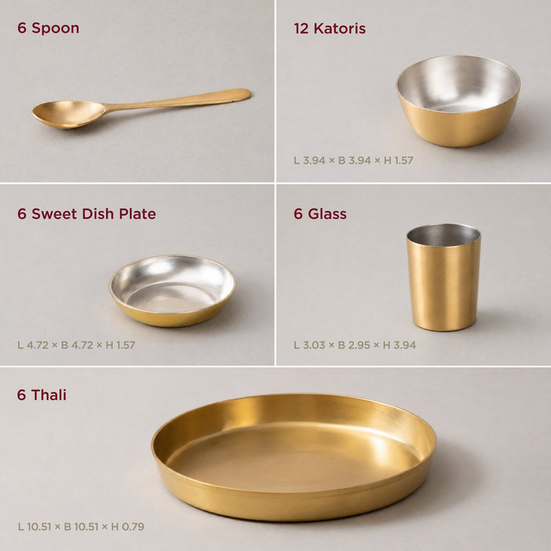 36-Piece Brass Solid Dinner Set • Matte Finish • Serves 6 (पीतल का डिनर सेट)