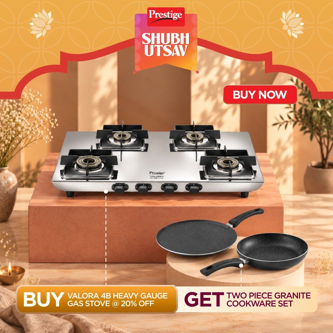 Prestige Valora Stainless Steel L.P. Gas Stove (With Stainless Steel Body and 4 Unit Brass Burners), Prestige Omega Deluxe Granite Twin Pack | Fry Pan 24cm & Omni Tawa 25cm | Durable Granite Finish Coating | PFOA Free | Metal Spoon Friendly | Gas & Induct